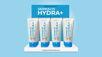 Exemple de PLV de comptoir pour pharmacie. PLV de crème hydratante Dermalys Hydra+