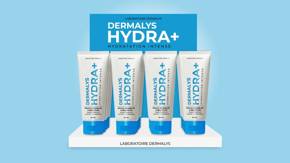 Exemple de PLV de comptoir pour pharmacie. PLV de crème hydratante Dermalys Hydra+