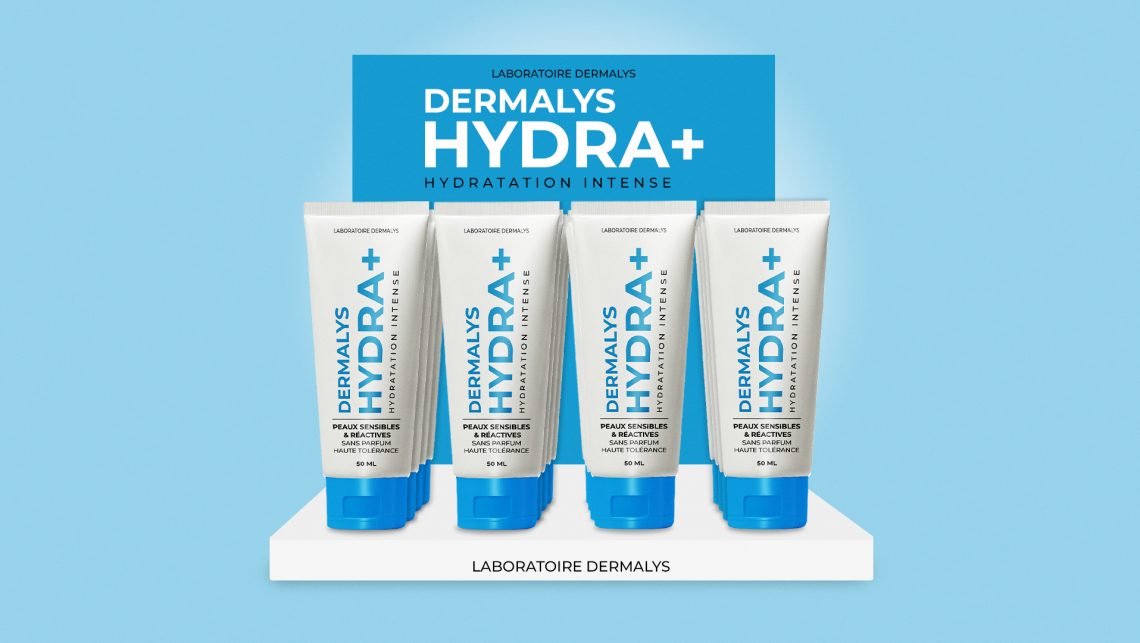 Exemple de PLV de comptoir pour pharmacie. PLV de crème hydratante Dermalys Hydra+