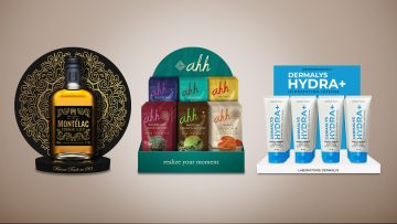 PLV comptoir carton utilisée pour présenter des produits alimentaires, cosmétiques et une bouteille haut de gamme