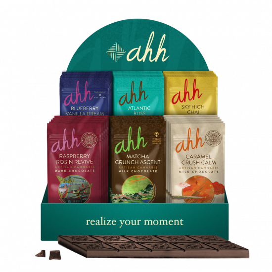 PLV de comptoir en carton présentant plusieurs tablettes de chocolat en point de vente