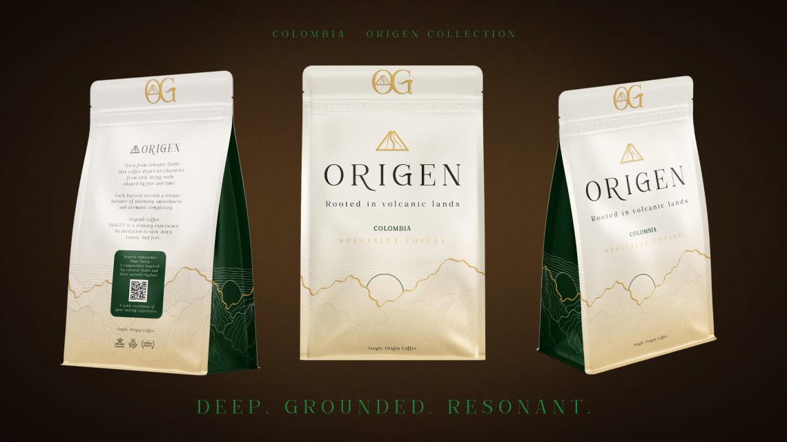 Packaging café Colombie ORIGEN avec univers naturel et packaging haut de gamme