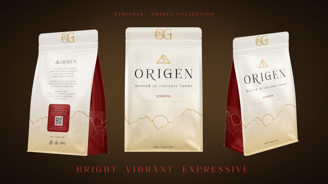 Packaging café Éthiopie ORIGEN avec design élégant et code couleur bleu inspiré du terroir