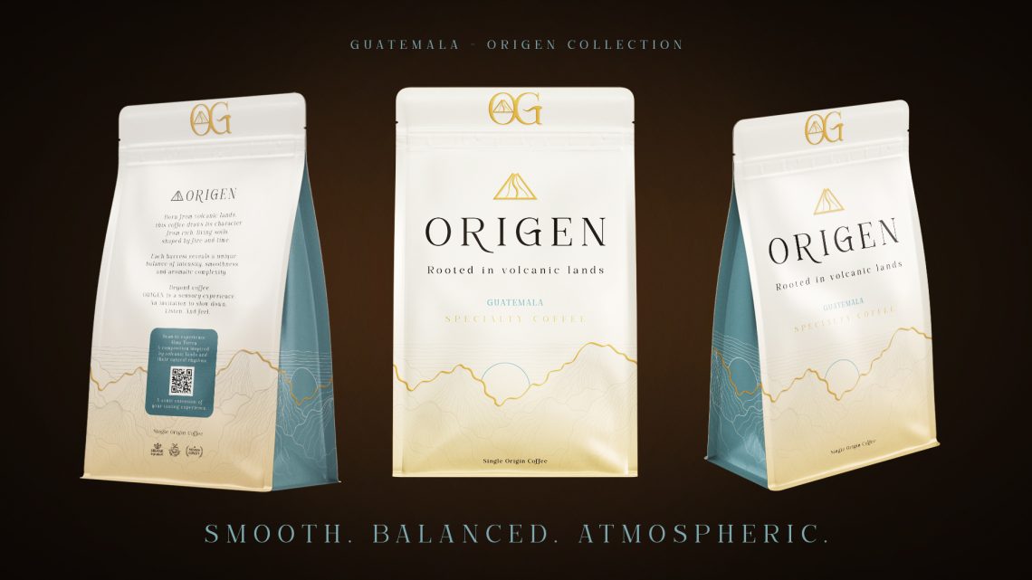 Packaging café Guatemala ORIGEN avec sachet et étui dans un univers inspiré des terres volcaniques