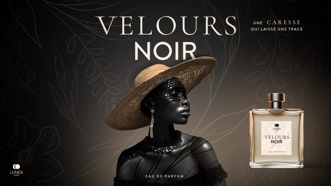 Packshot de parfum de luxe Velours Noir avec flacon, coffret et direction artistique élégante