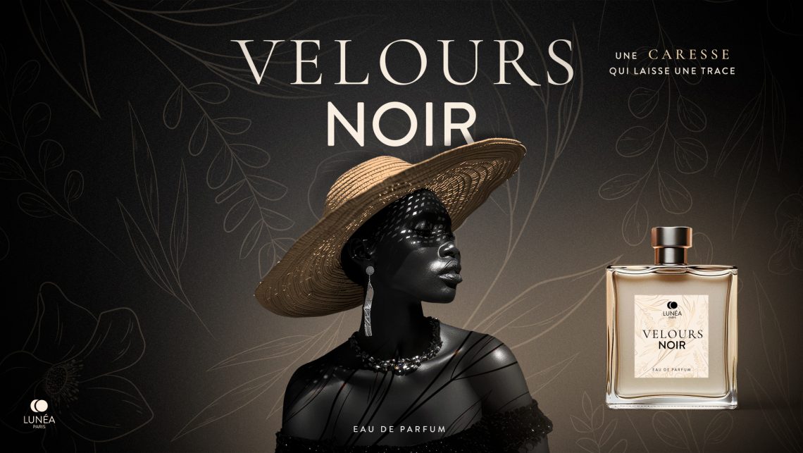 Packshot de parfum de luxe Velours Noir avec flacon, coffret et direction artistique élégante