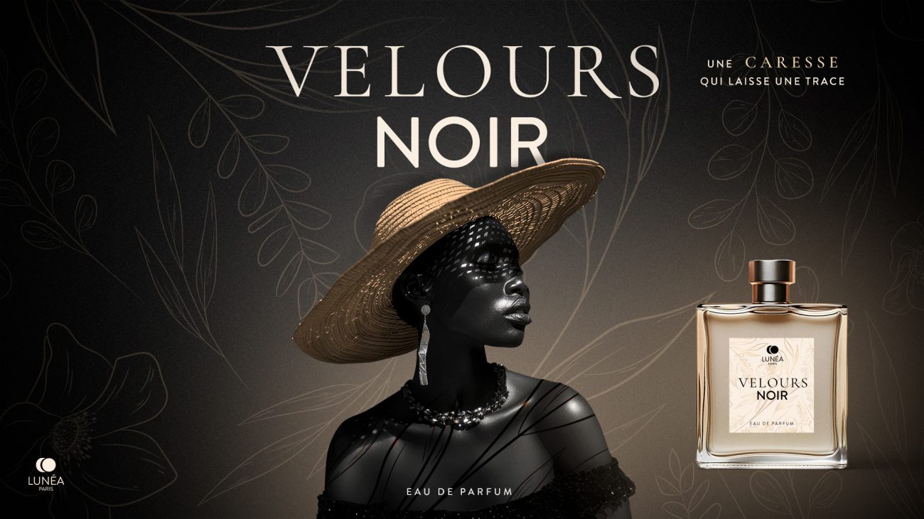 Packshot de parfum de luxe Velours Noir avec flacon, coffret et direction artistique élégante