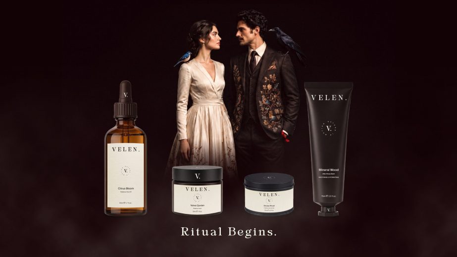 Univers de marque Velen réunissant les personnages, les produits cosmétiques et la signature Ritual Begins