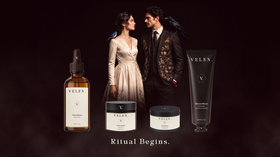 Univers de marque Velen réunissant les personnages, les produits cosmétiques et la signature Ritual Begins