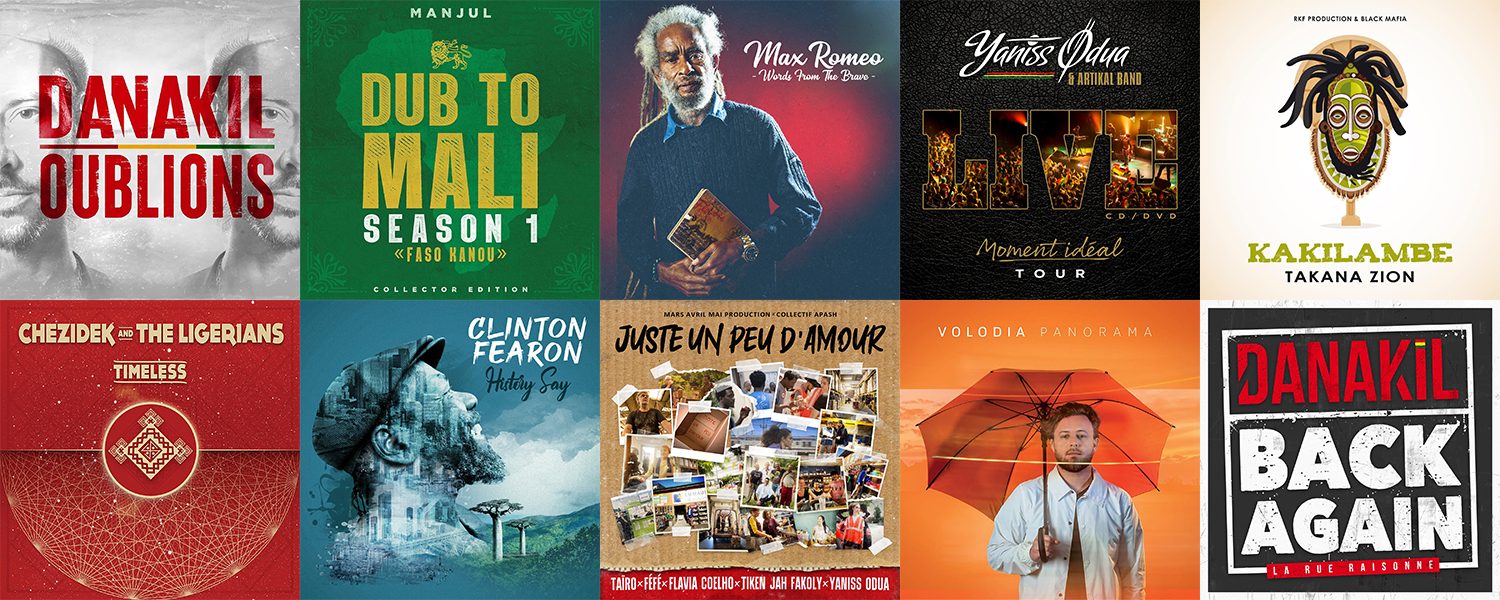 Exemples de pochettes d’album reggae différents styles direction artistique minimaliste typographique portrait illustration