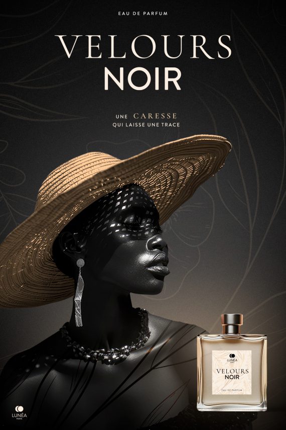 Affiche publicitaire de parfum de luxe Velours Noir avec univers visuel premium et typographie élégante