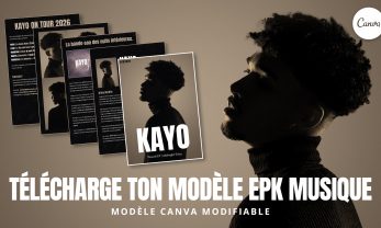 Mockup d’un modèle EPK musique modifiable sur Canva, template de dossier de presse pour artiste avec pages biographie, projet musical et contacts