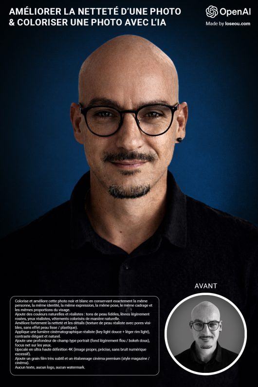 Améliorer la netteté d'une photo. Avant / après : portrait noir et blanc colorisé, amélioré en HD/4K