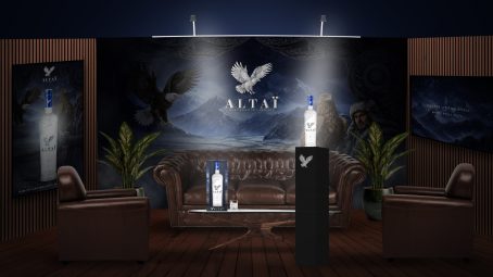 Stand premium avec packaging de luxe pour vodka Altaï, univers de marque, PLV digitale, affiche et podium produit spiritueux haut de gamme