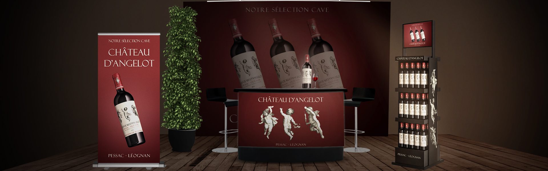 stand salon professionnel pour présentation de vin Château d’Angelot avec roll-up, comptoir et présentoir bouteilles
