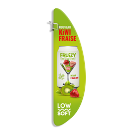 Stop-rayon publicitaire fixé sur un meuble de mise en avant pour la boisson Fruizy kiwi fraise en point de vente