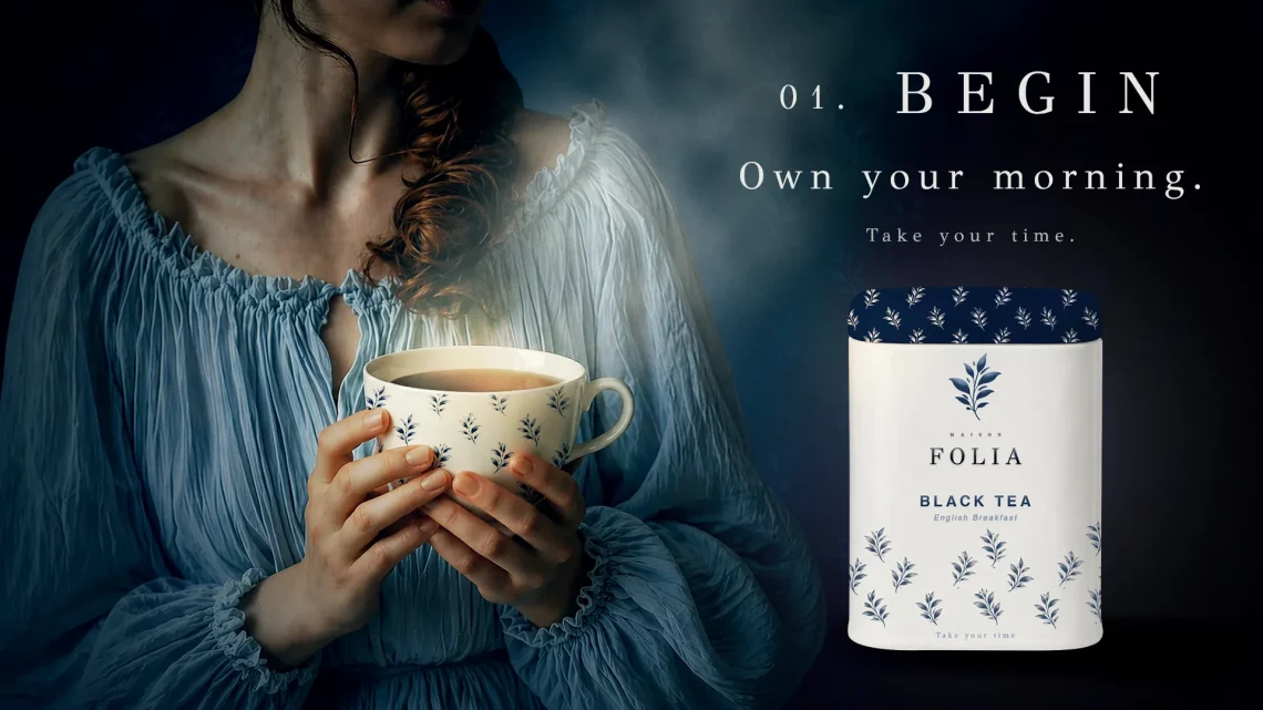 Femme dégustant une tasse de thé noir assortie au packaging Maison Folia, ambiance matinale Begin.