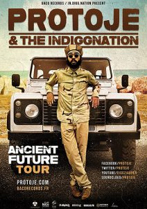 Affiche de tournée visuel réalisé par un graphiste musical Protoje (Ancient Futur Tour) Format 100x 70, 60x40, Déclinaison réseaux sociaux, billetterie, campagne digitale par date