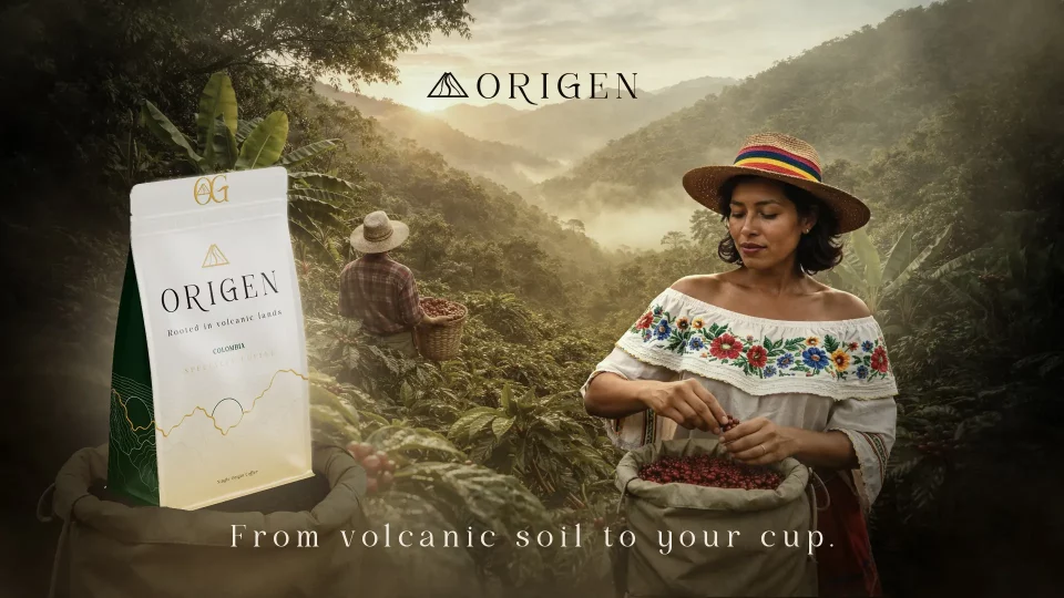 Branding et identité visuelle haut de gamme pour Origen, incluant le design de sachet de café éco-responsable et mise en scène publicitaire.