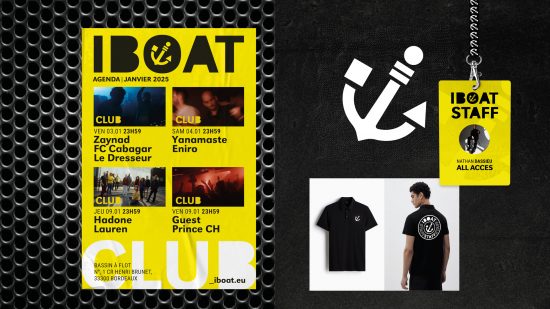 Déclinaisons d’identité visuelle pour l’IBOAT : agenda et tenues du staff, exemple concret de création d’identité visuelle appliquée aux supports print et merchandising.