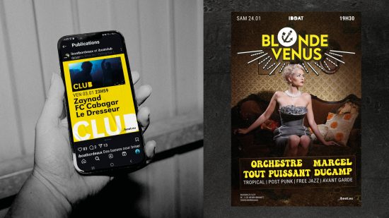 Déclinaison d’identité visuelle IBOAT : affiche pour soirée à thème et déclinaison digitale sur smartphone, exemple d’application print et réseaux sociaux.
