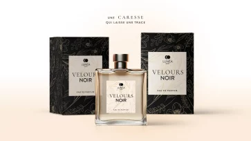 Mise en situation de direction artistique pour la marque de parfum Velours Noir, associant packaging premium et univers graphique luxueux.