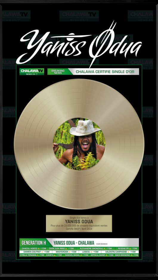 Disque d’or Yaniss Odua – Chalawa (grand format 35×60 cm) Trophée disque d’or grand format 35x60 cm remis à Yaniss Odua pour le single Chalawa, design personnalisé et certifié SNEP.