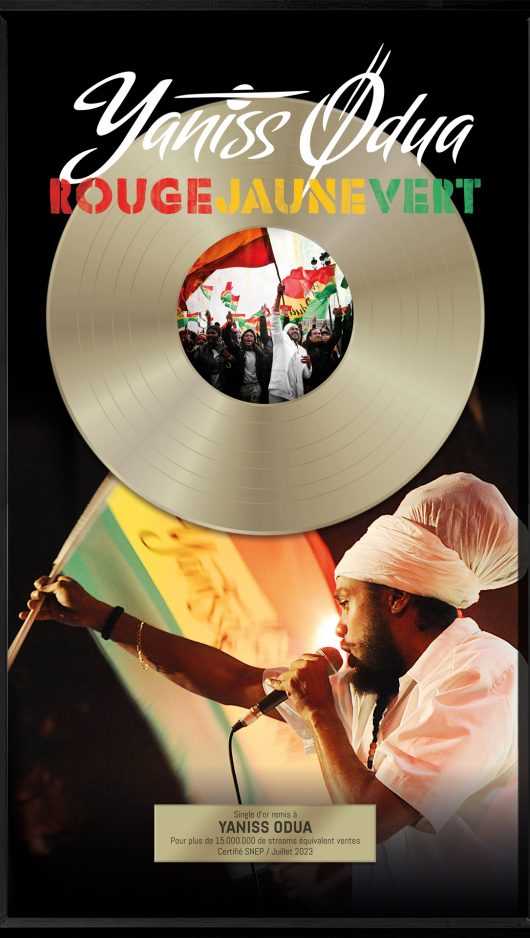 Disque d’or Yaniss Odua – Rouge Jaune Vert (grand format 35×60 cm) Trophée disque d’or grand format 35x60 cm remis à Yaniss Odua pour le single Rouge Jaune Vert, certifié SNEP.