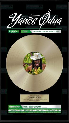 Fabrication disque d’or – Chalawa Yaniss Odua Fabrication disque d’or personnalisé pour le single Chalawa de Yaniss Odua – maquette visuelle créée par Loseou avant production.