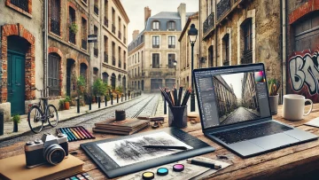 Bureau d'un graphiste face au une fenêtre qui donne sur une rue de Bordeaux.