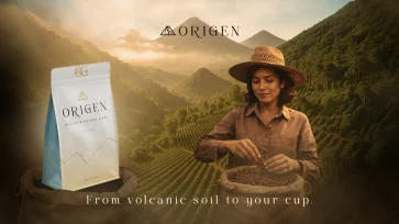 Bandeau publicitaire grand format pour le café Origen, illustrant l'identité visuelle haut de gamme et le branding d'une marque écoresponsable.