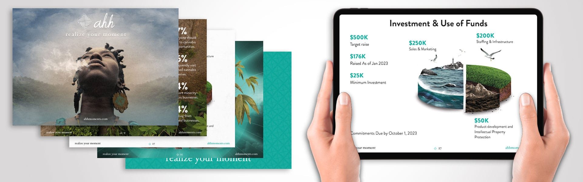 Infographie entreprise exemple pour la marque Ahh. Mains tenant une tablette