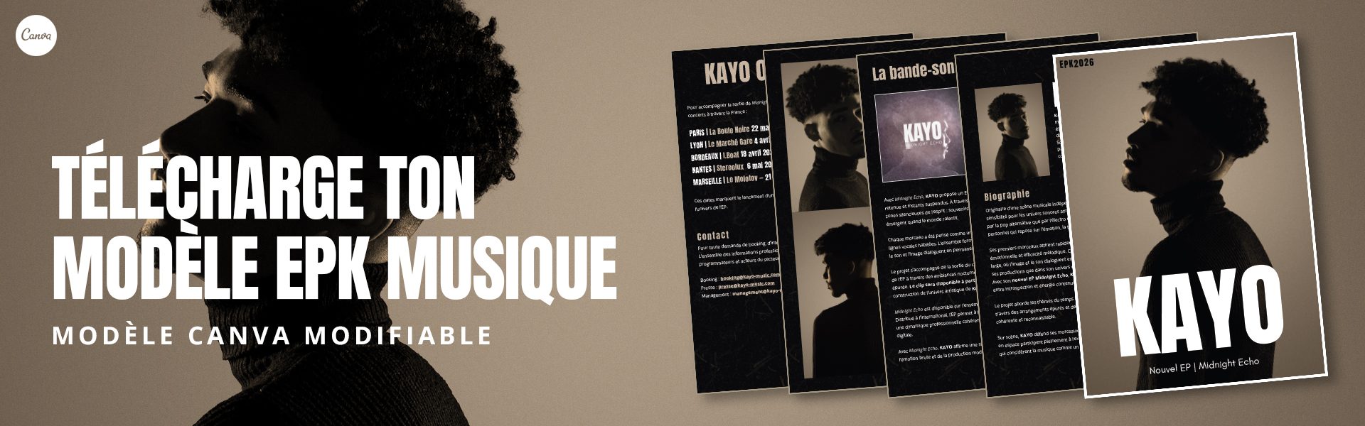Bannière présentant un modèle EPK musique modifiable sur Canva, template de dossier de presse pour artiste à télécharger