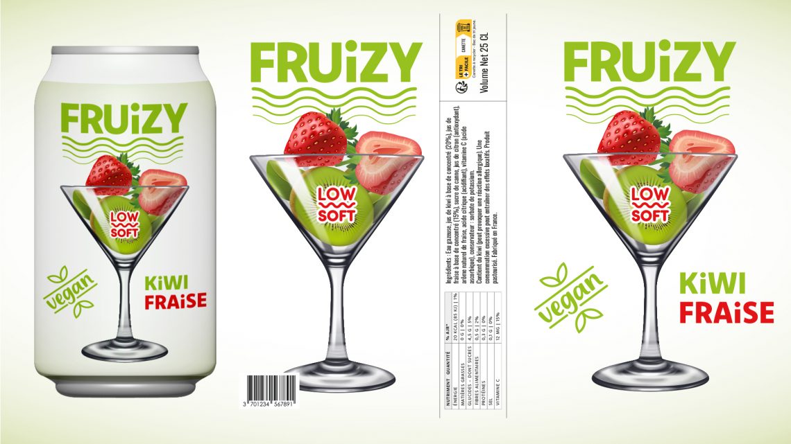 design de packaging boisson Fruizy avec canette kiwi fraise et étiquette produit