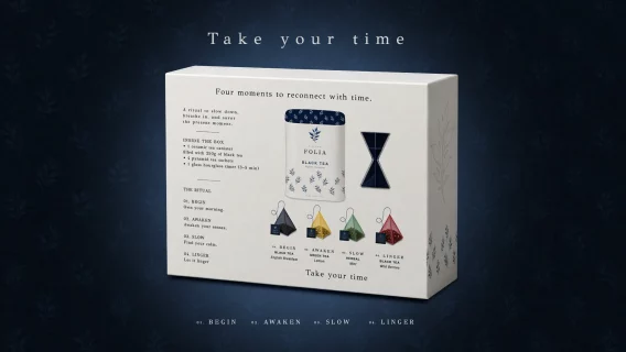 Arrière du coffret Maison Folia détaillant le contenu : boîte céramique, sachets pyramides et sablier en verre.