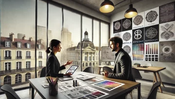 Un graphiste et sa cliente en brainstorming dans un bureau bordelais