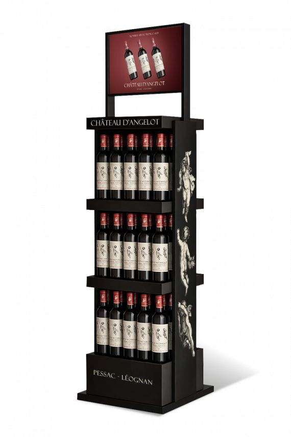 Présentoir totem pour packaging vin et mise en avant de bouteilles de vin en point de vente