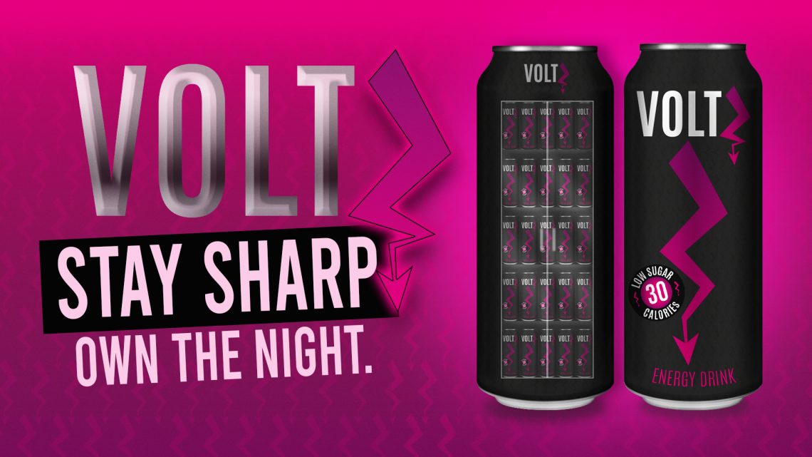 Affiche publicitaire VoltZ avec slogan Stay Sharp Own the Night pour une energy drink.