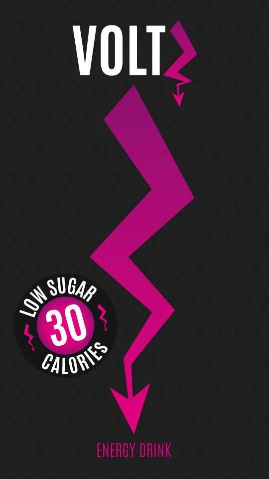 Design de canette pour la boisson énergétique VoltZ avec identité visuelle noire et rose.