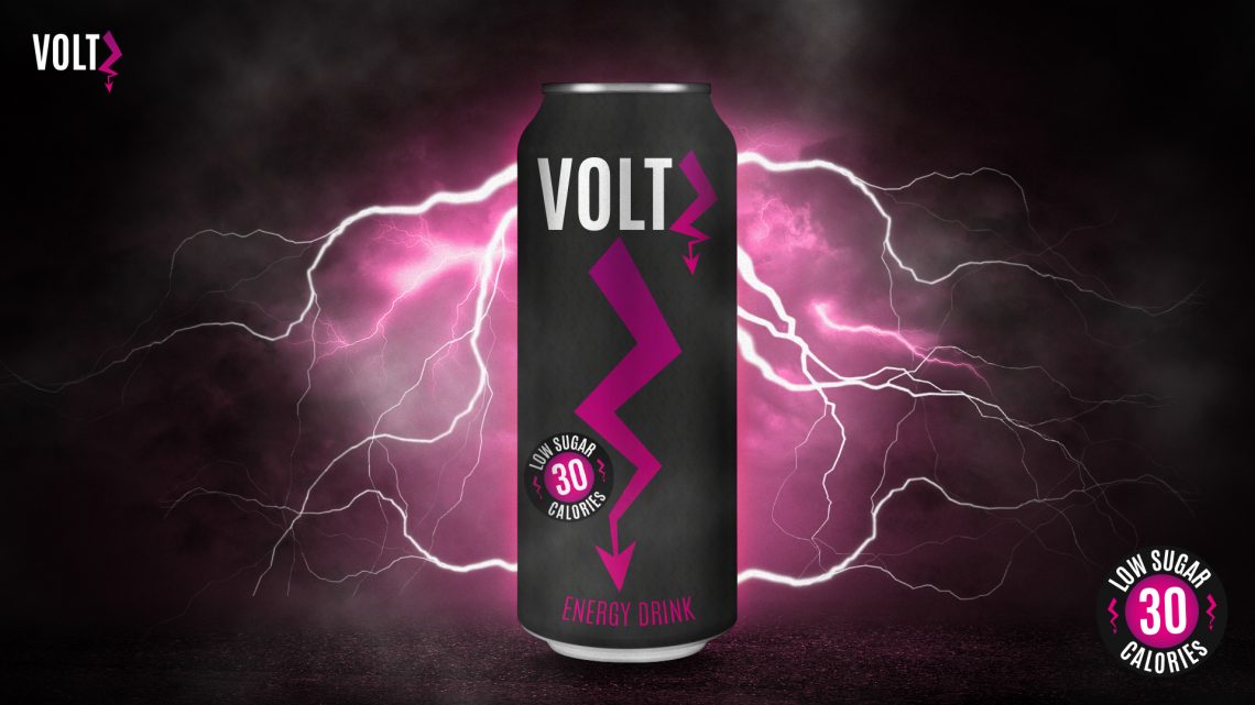 Mockup de canette VoltZ pour une energy drink avec branding noir et rose.