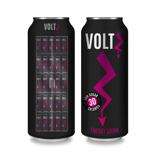 Présentoir de canettes VoltZ conçu pour la présentation retail d’une energy drink.